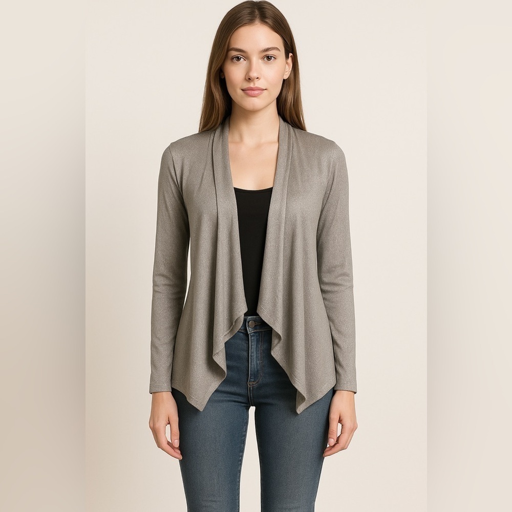 INC International Concepts Women Gray Open Silk  Cardigan Sweater Size S modest